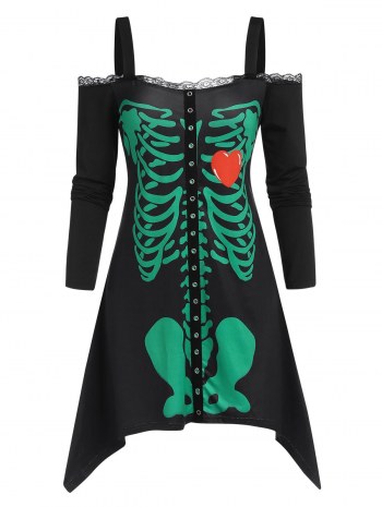 Open Shoulder Skeleton Pattern Grommet Asymmetrical T Shirt