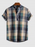 Plaid Pattern Half Button Short Sleeves Shirt