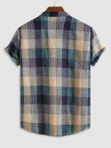 Plaid Pattern Half Button Short Sleeves Shirt