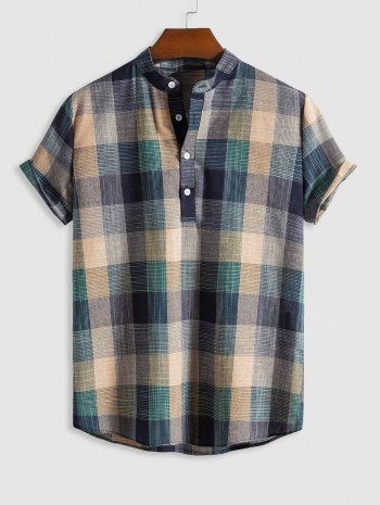 Plaid Pattern Half Button Short Sleeves Shirt