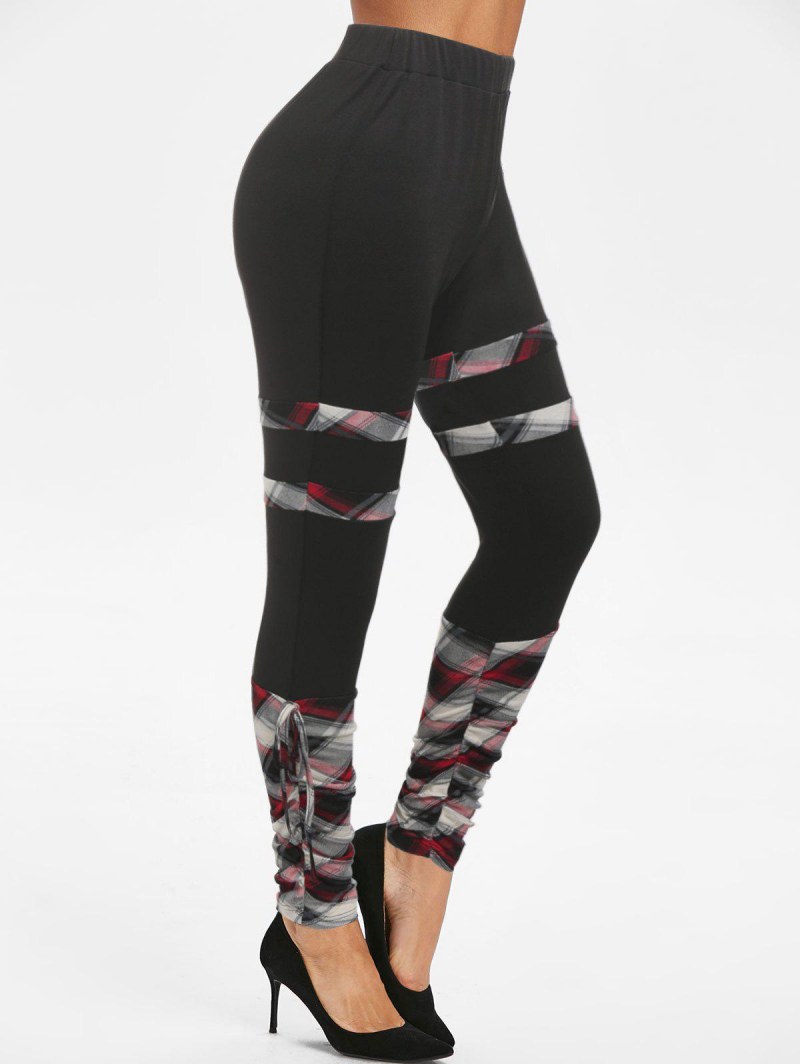 Plaid Print Bowknot Ruched Skinny Pants