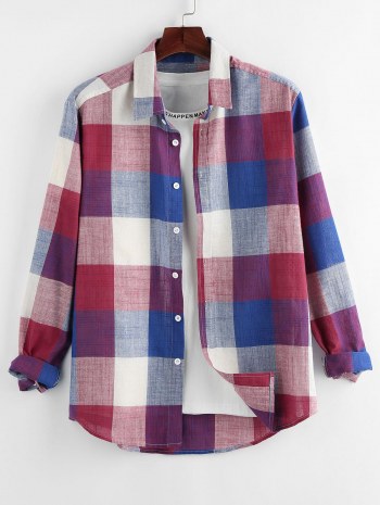 Plaid Print Button Up Curved Hem Shirt