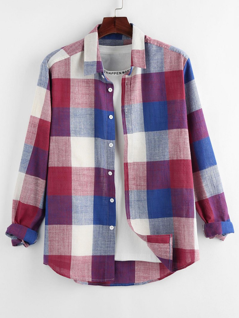 Plaid Print Button Up Curved Hem Shirt