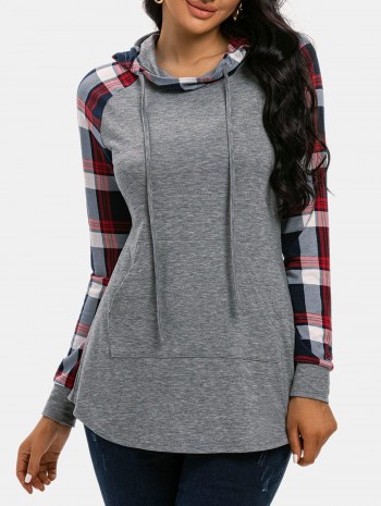 Plaid Raglan Sleeve Kangaroo Pocket Hoodie