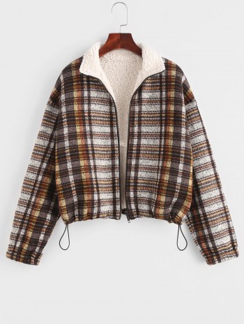 Plaid Teddy Lined Drop Shoulder Jacket