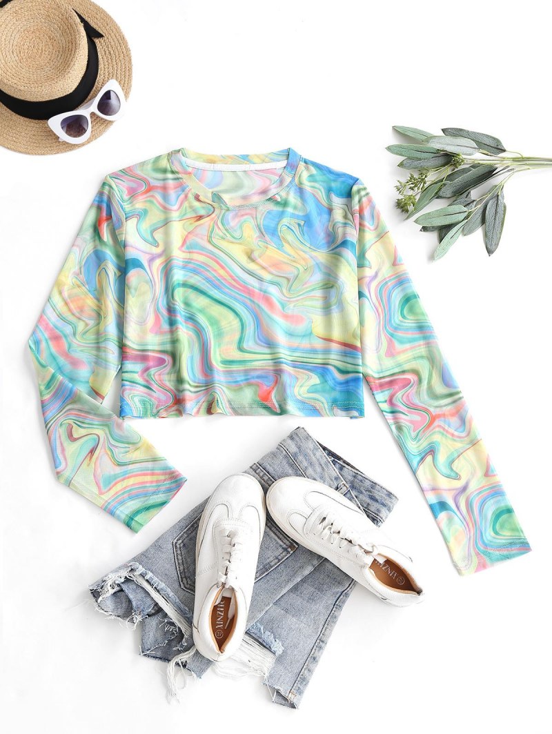 Psychedelic Print Mesh Crop T Shirt
