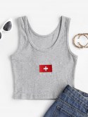 Rib-knit Letter Embroidered Crop Tank Top