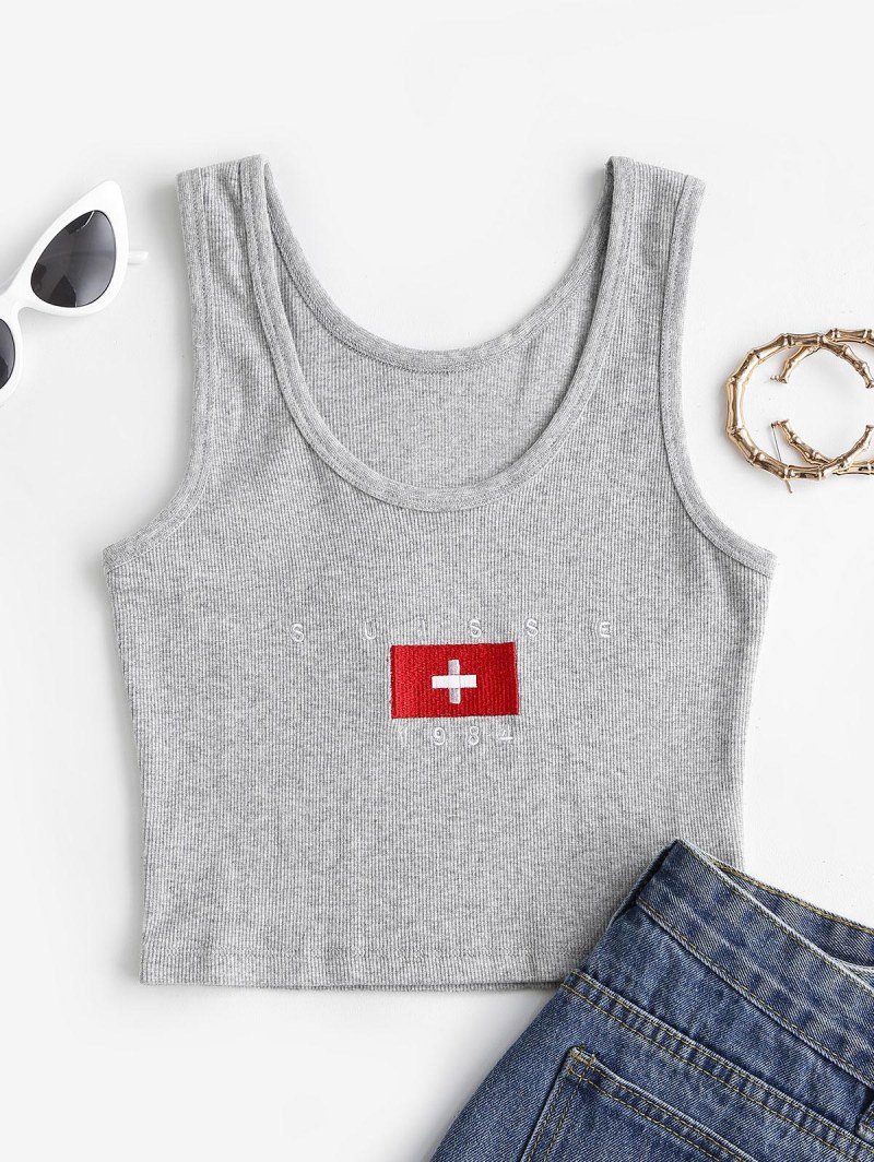 Rib-knit Letter Embroidered Crop Tank Top