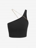 Ribbed Chain Embellished One Shoulder Tank Top