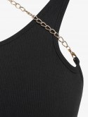 Ribbed Chain Embellished One Shoulder Tank Top