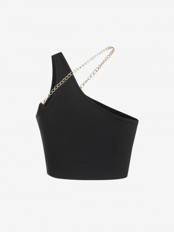 Ribbed Chain Embellished One Shoulder Tank Top