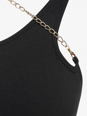 Ribbed Chain Embellished One Shoulder Tank Top