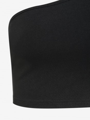 Ribbed Chain Embellished One Shoulder Tank Top