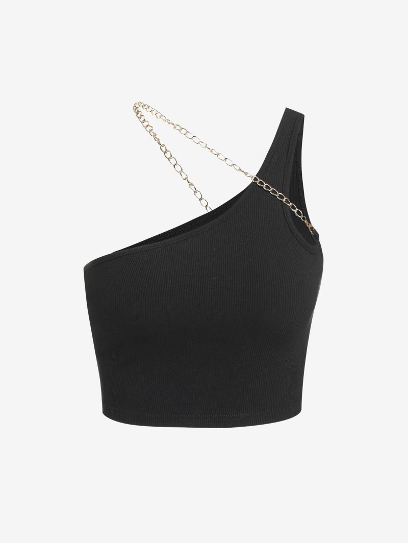 Ribbed Chain Embellished One Shoulder Tank Top