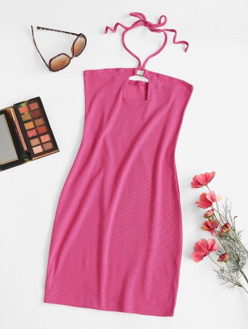 Ribbed Cutout Halter Tied Bodycon Dress