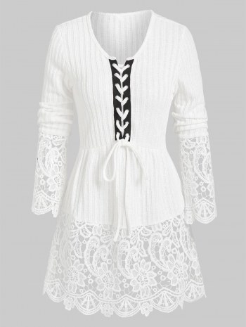 Ribbed Lace Panel Lacing  Knitted Top