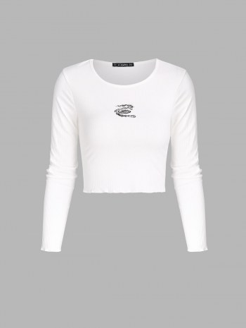 Ribbed Oriental Dragon Print Crop T Shirt