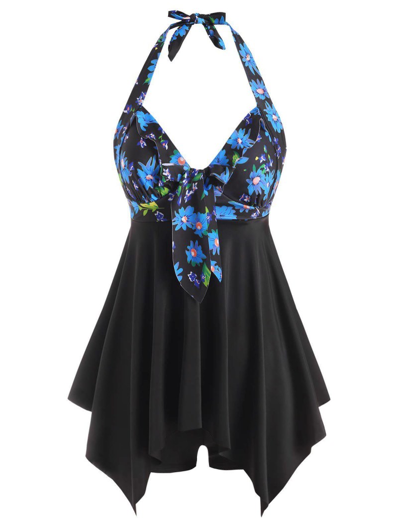 Ruffle Flower Hanky Hem Boyleg Tankini Swimwear