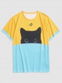 Short Sleeve Cat Colorblock T-shirt