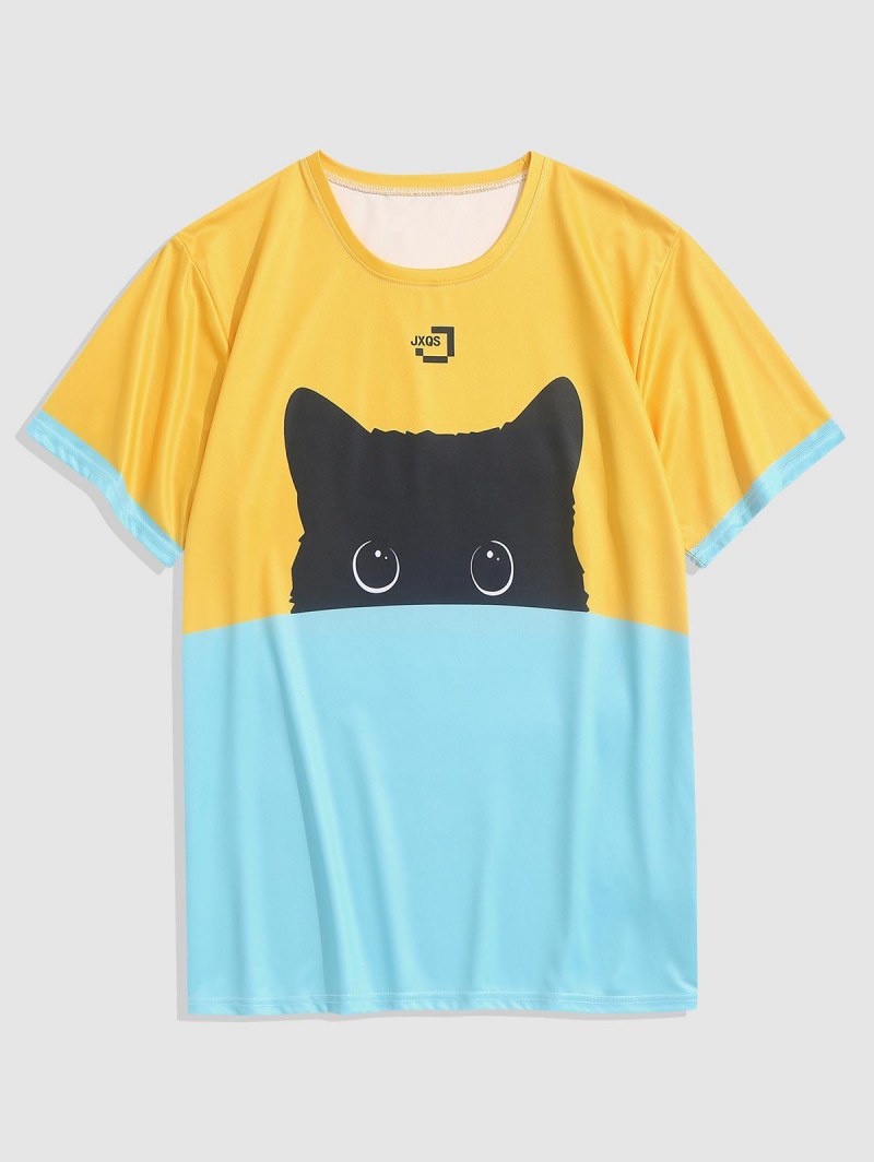 Short Sleeve Cat Colorblock T-shirt