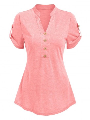 Short Sleeve Mock Button Heathered T-shirt