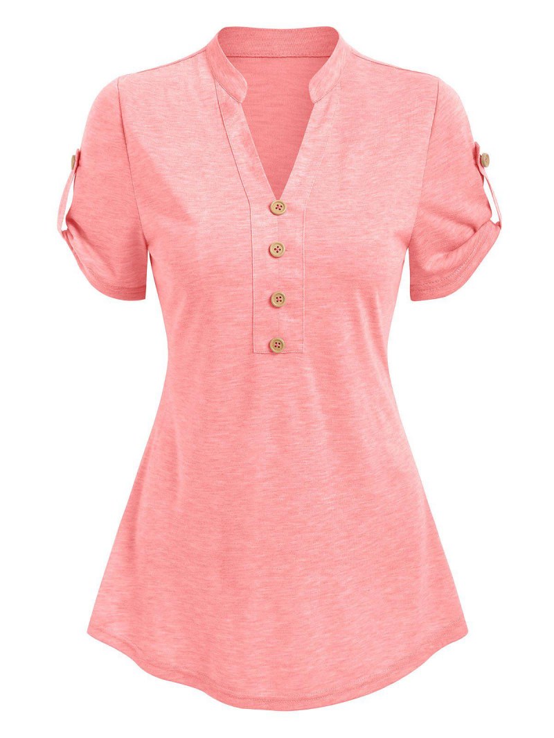 Short Sleeve Mock Button Heathered T-shirt