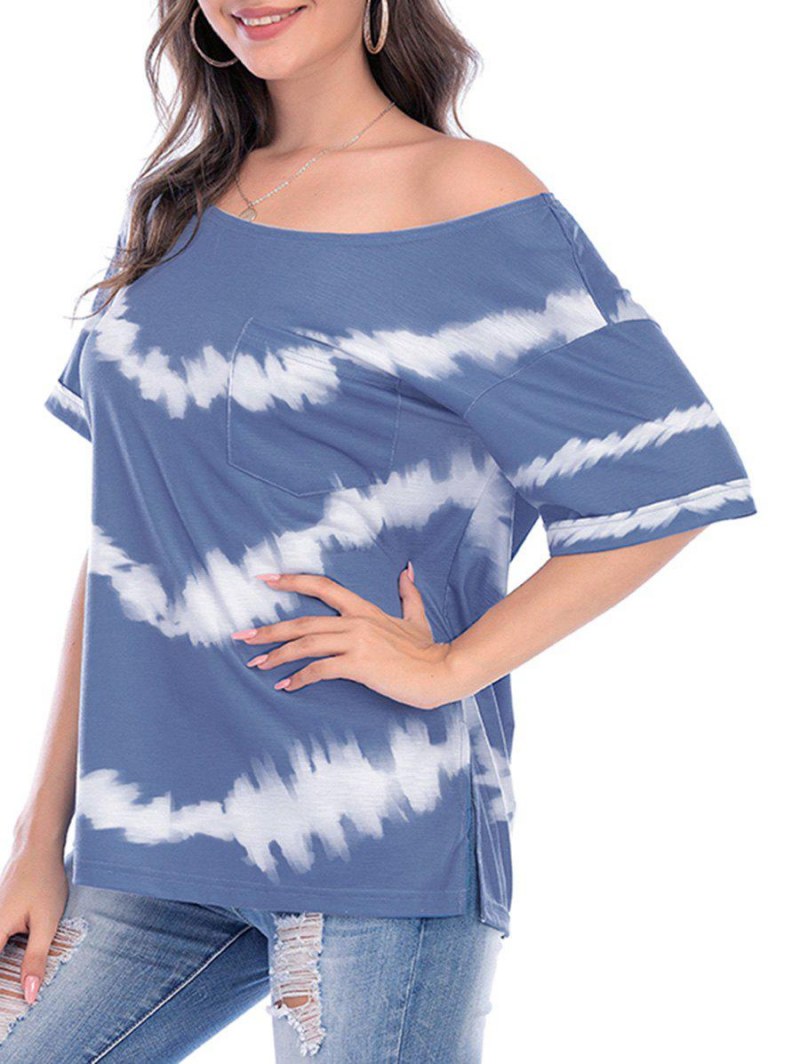 Side Slit Skew Neck Tie Dye Pocket Tee