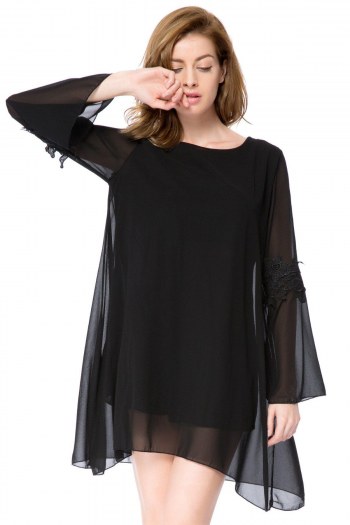 Simple Round Collar Long Sleeve Solid Color Asymmetrical Women's Dress