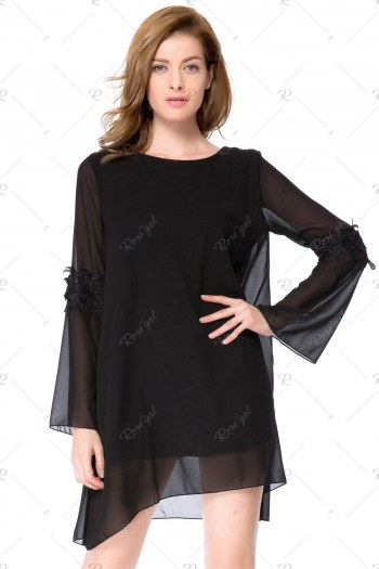 Simple Round Collar Long Sleeve Solid Color Asymmetrical Women's Dress