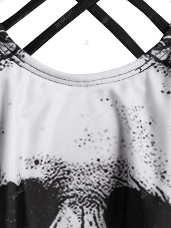 Skull Flower Print Criss-cross Padded Tankini Set