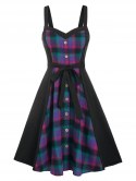 Sleeveless Plaid Print Mock Button Belted Dress