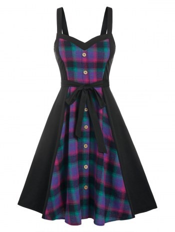 Sleeveless Plaid Print Mock Button Belted Dress