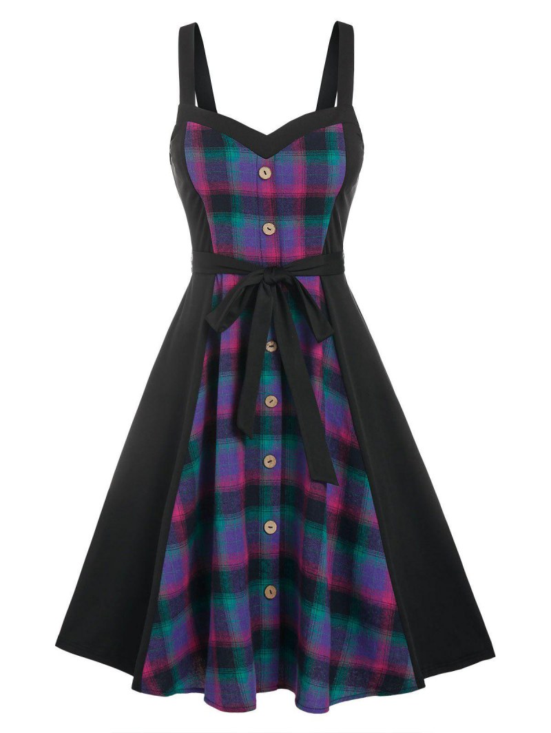 Sleeveless Plaid Print Mock Button Belted Dress