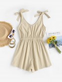 Solid Button Front Tie Shoulder Romper