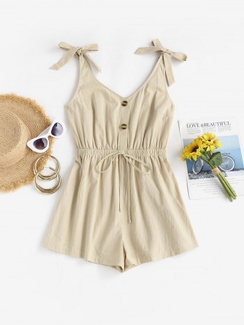 Solid Button Front Tie Shoulder Romper
