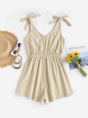 Solid Button Front Tie Shoulder Romper