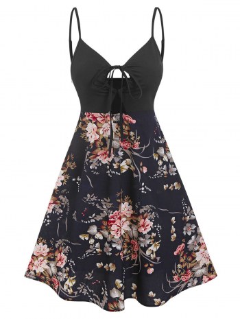 Spaghetti Strap Floral Print Keyhole Knotted Dress