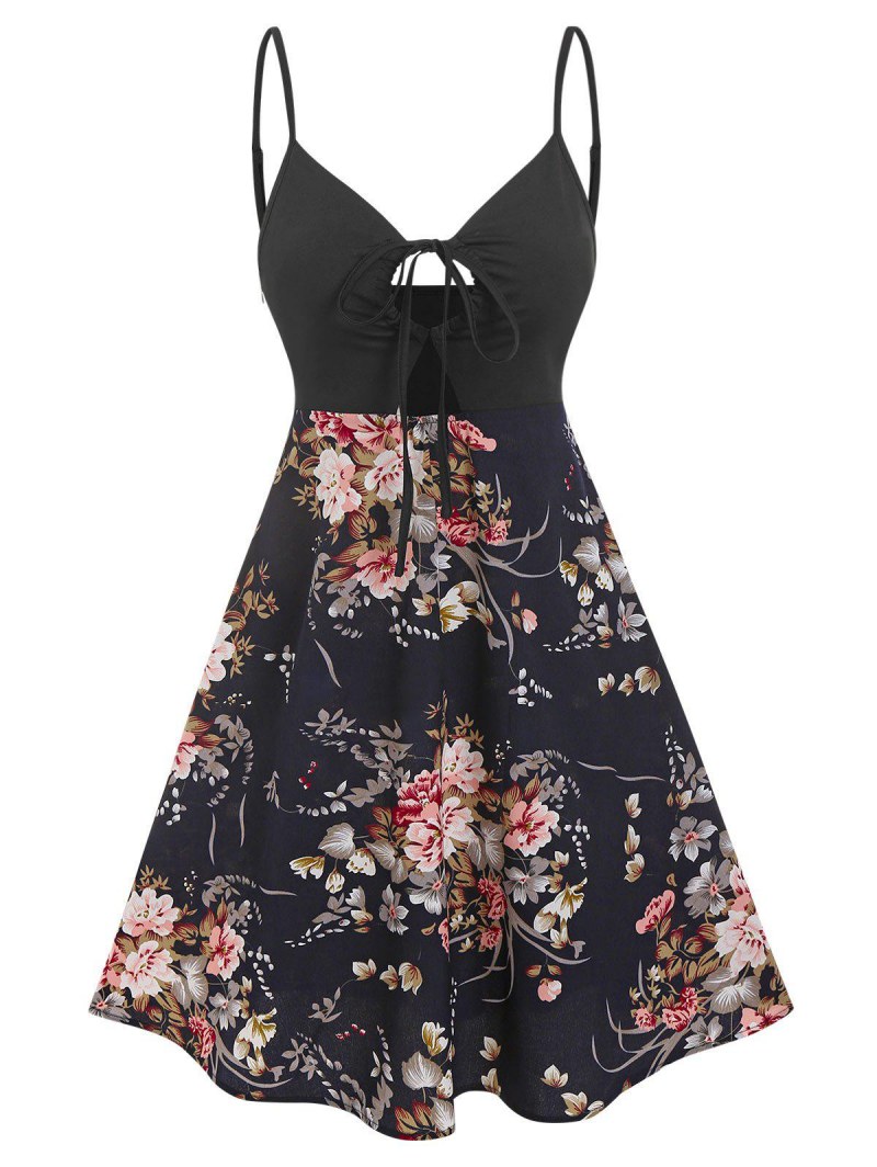 Spaghetti Strap Floral Print Keyhole Knotted Dress