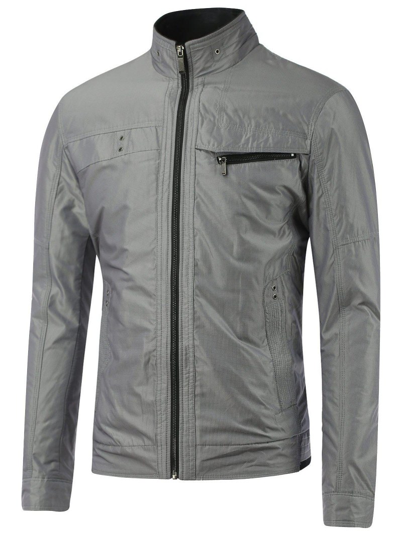 Stand Collar Small Grid Zipper Embellished Jacket