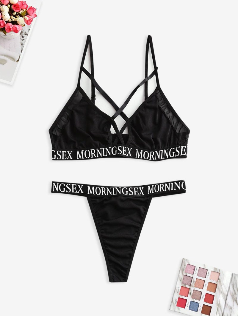 Strappy Mesh Panel Morningsex Graphic Bra Set