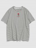 Stripe Print Rose Flower Letter Embroidered T-shirt