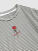 Stripe Print Rose Flower Letter Embroidered T-shirt