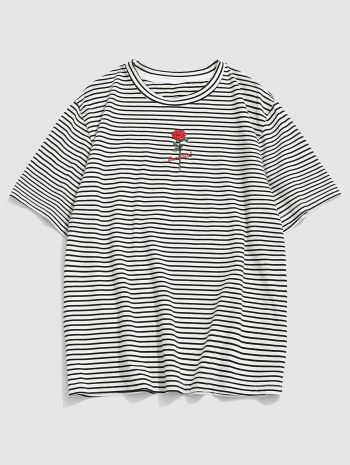 Stripe Print Rose Flower Letter Embroidered T-shirt