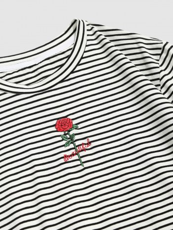 Stripe Print Rose Flower Letter Embroidered T-shirt
