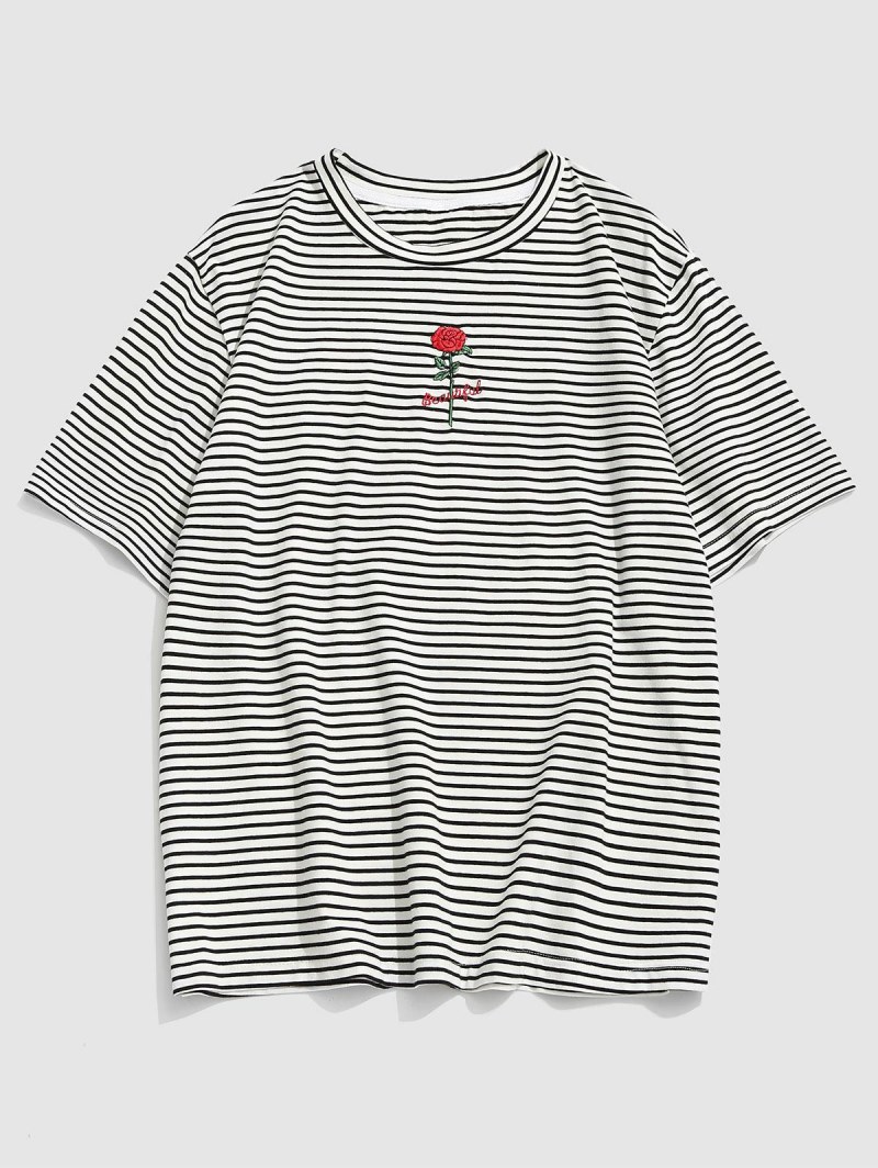 Stripe Print Rose Flower Letter Embroidered T-shirt