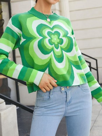 Striped Flower Slouchy Drop Shoulder Sweater