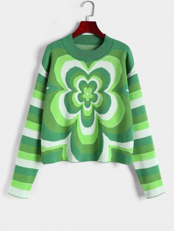 Striped Flower Slouchy Drop Shoulder Sweater