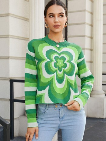 Striped Flower Slouchy Drop Shoulder Sweater