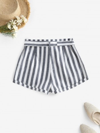 Striped Pocket Button Fly Belted Rolled Shorts