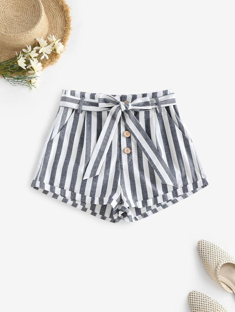 Striped Pocket Button Fly Belted Rolled Shorts